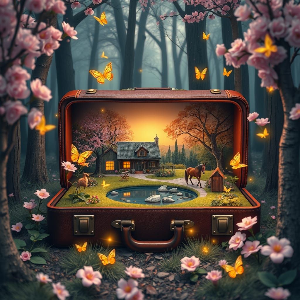 Miniature World Inside Suitcase in Forest