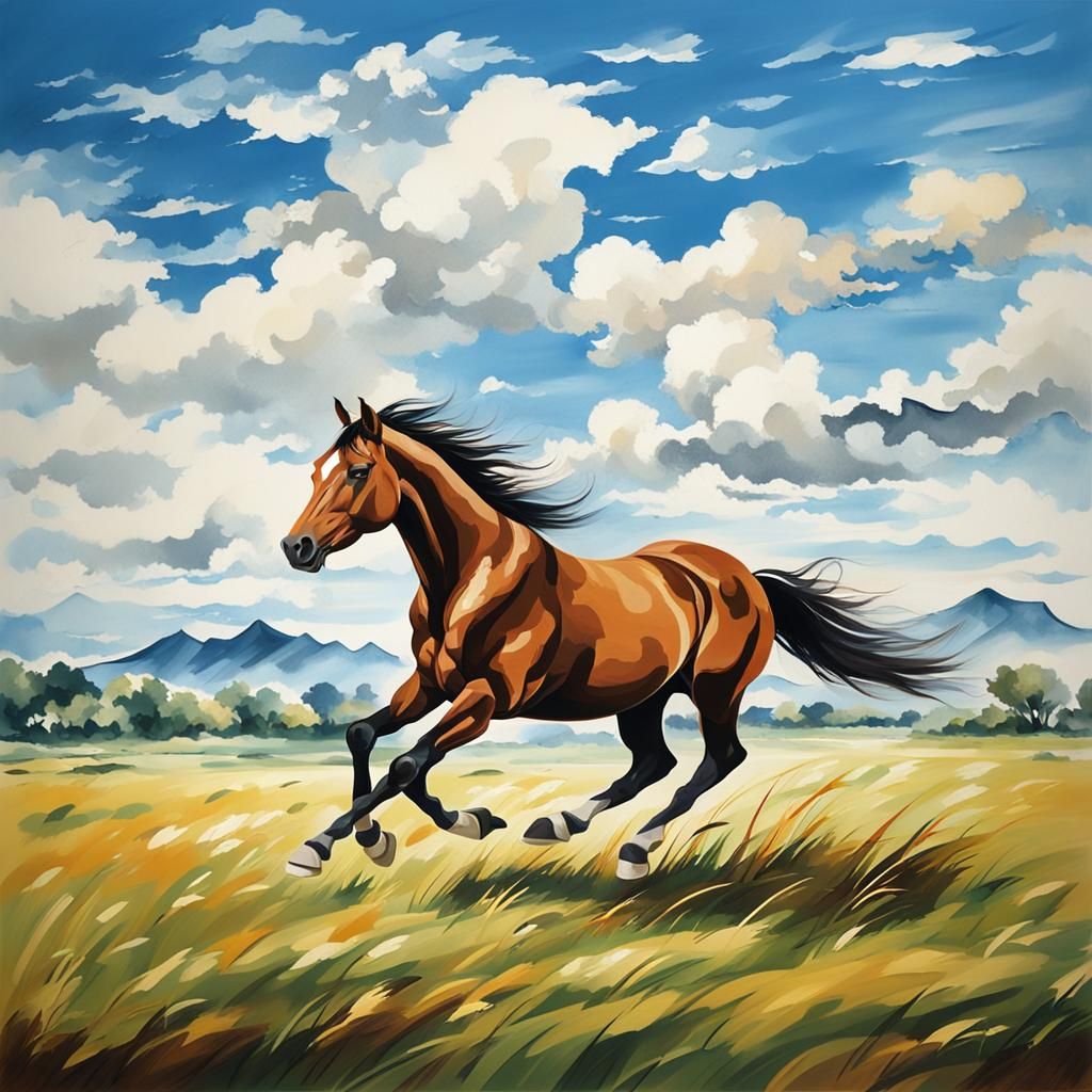 Brown Horse Galloping in Style of Xu Beihong
