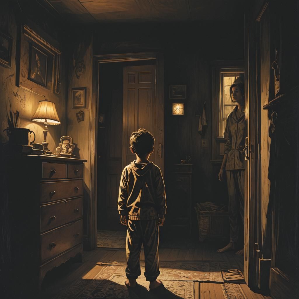Eerie Shadows: Boy Calls Mother in Dark Fantasy