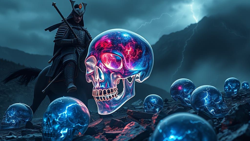 Samurai on Horseback Holds Cosmic Glass Skull in Stormy Moun...