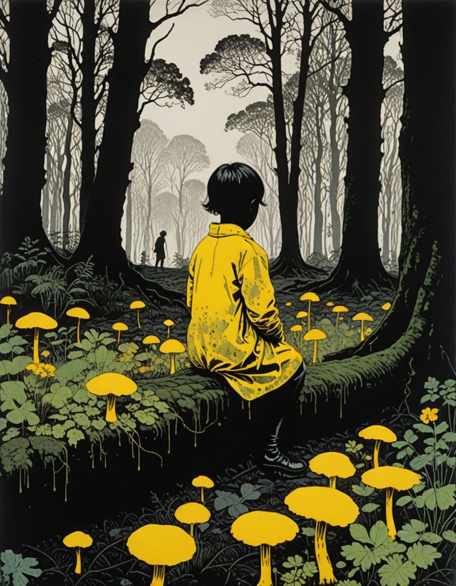 Young Child Enveloped by Fungal Growth at Forest's Edge