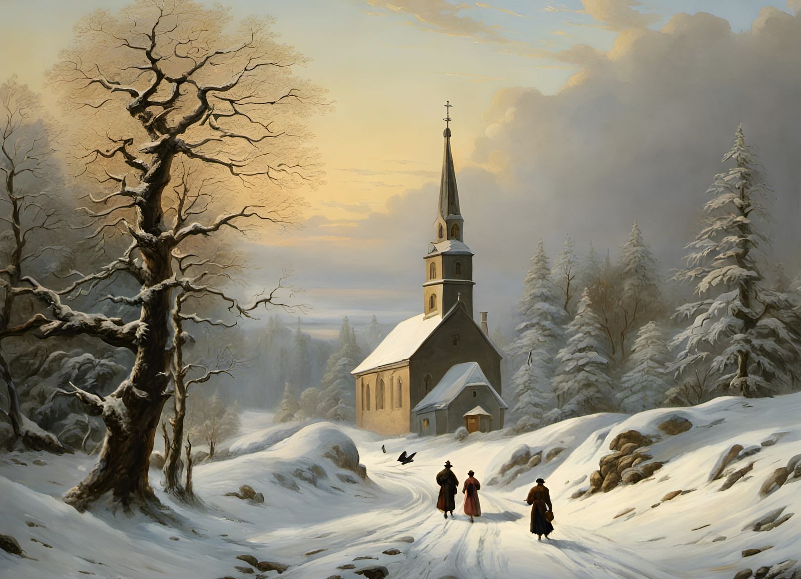 Winter Landscape with Church in Romantic Style