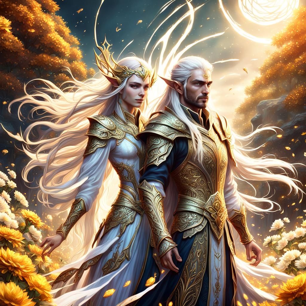 Ethereal High Elf Couple with Gold and Sun Elements