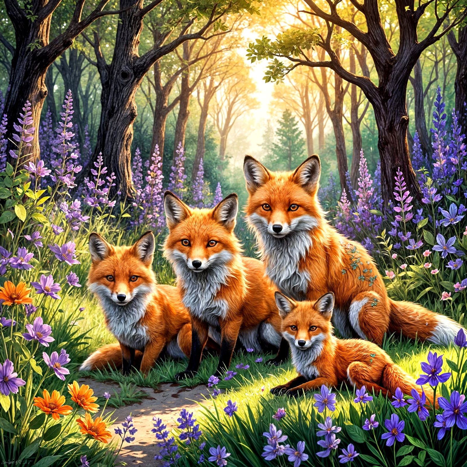 Whimsical Fox Family in a Vibrant Forest