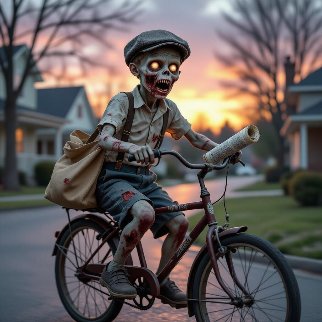 Zombie Boy on Bicycle in Surreal Dawn Portrait