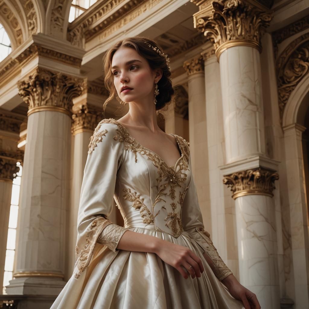 Elegant Woman in Ivory Gown, Renaissance Style