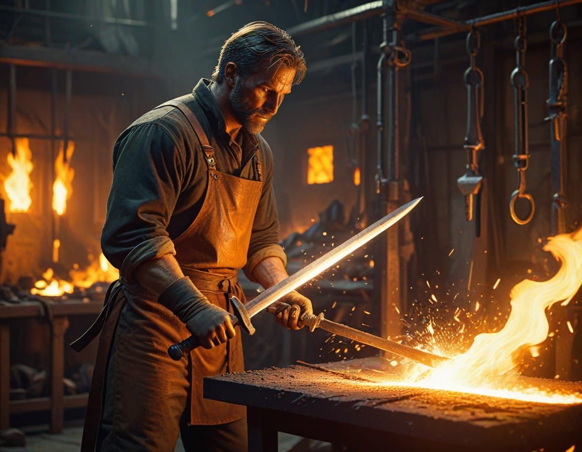 Industrial Blacksmith Forges Glowing Sword in Fiery Workshop