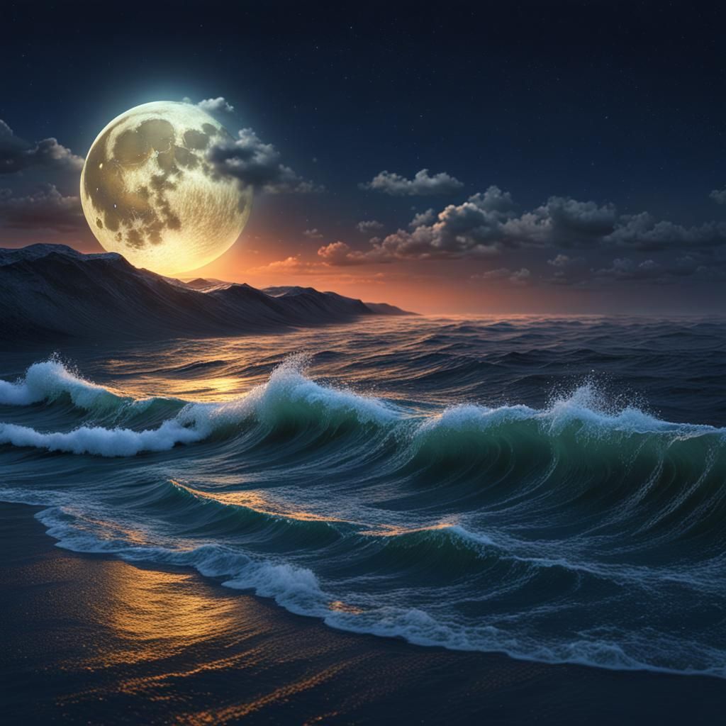 Moonlit Ocean Night Scene in Detailed Digital Painting