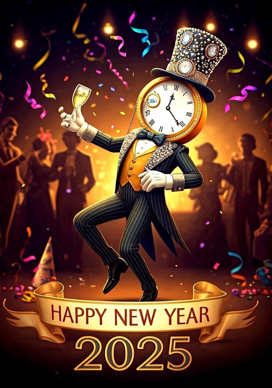 Sophisticated Clock Character Celebrates New Year's Eve in V...