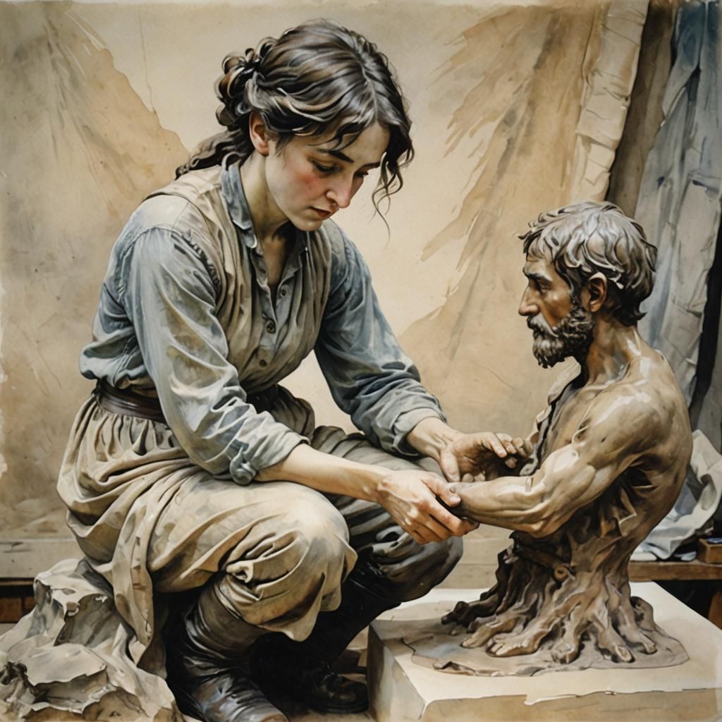 Camille Claudel Sculpting a Bearded Man: Watercolor Portrait