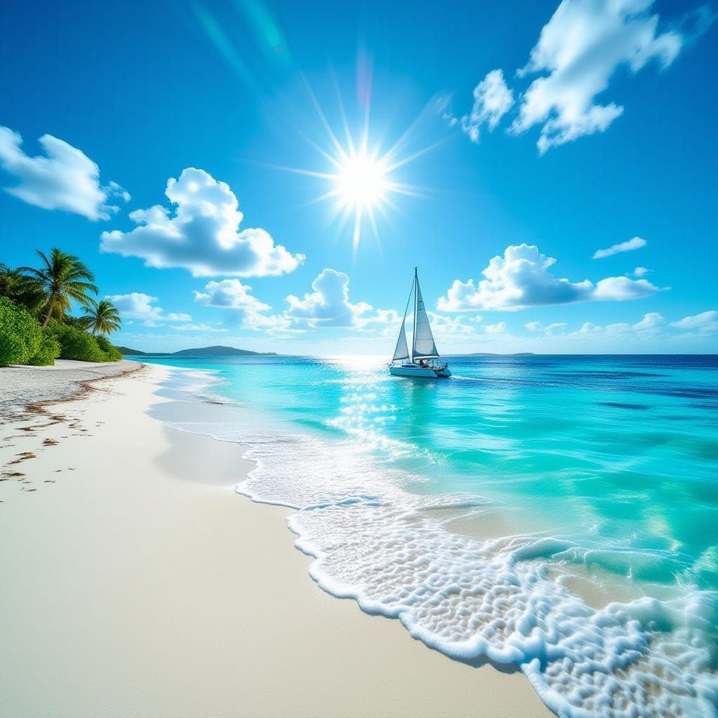Cinematic Tropical Beach with Sailboat at Sunset