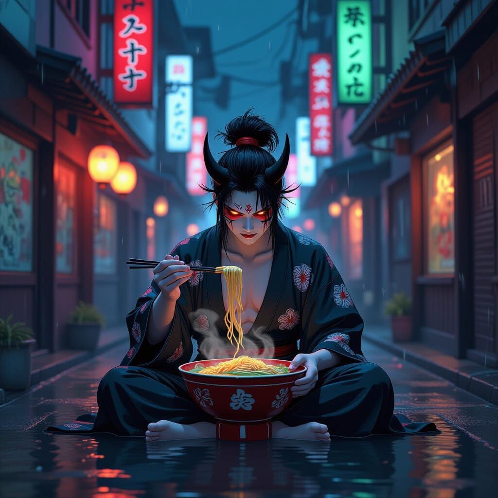 “A traditional Japanese troll (oni) eating udon in a bustling Tokyo alley, blending folklore with modern life; illustrat...