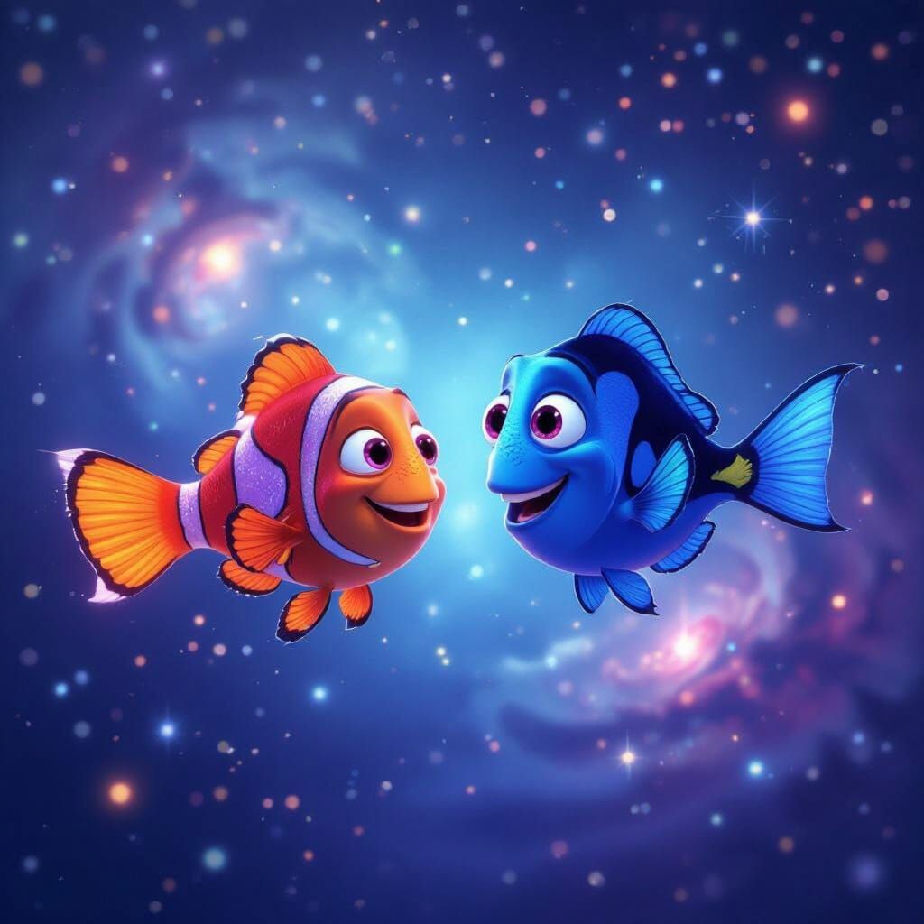 Nemo and Dory Explore a Cosmic Ocean in Pixar Style