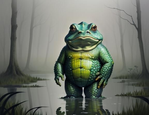 Bullywug in Misty Swamp: Watercolor and Pastel Illustration