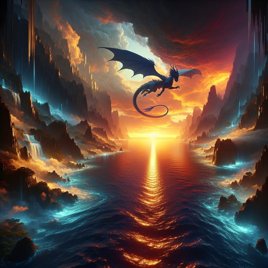 Dragon Soaring Over Sunrise Sea: Detailed Matte Painting