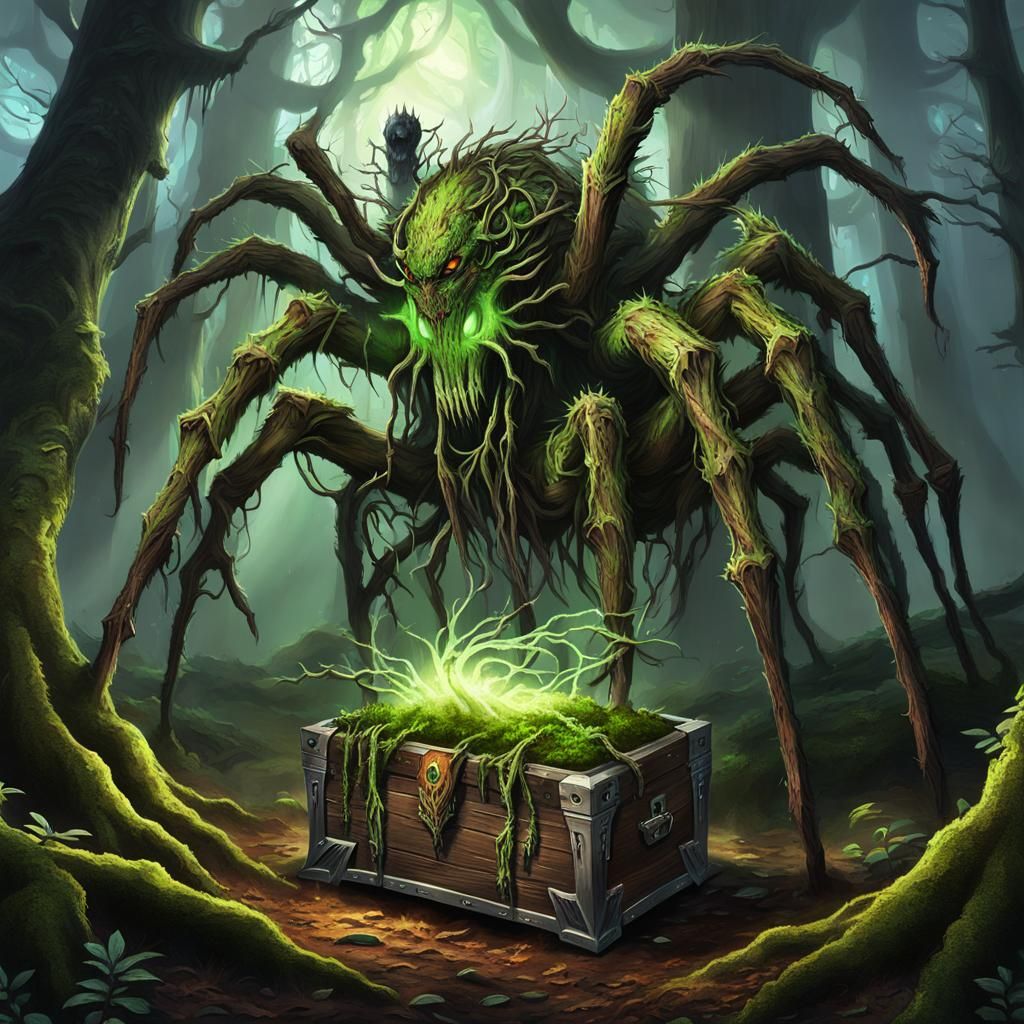 Surreal Spider Forest Spirit Guards Magical Chest