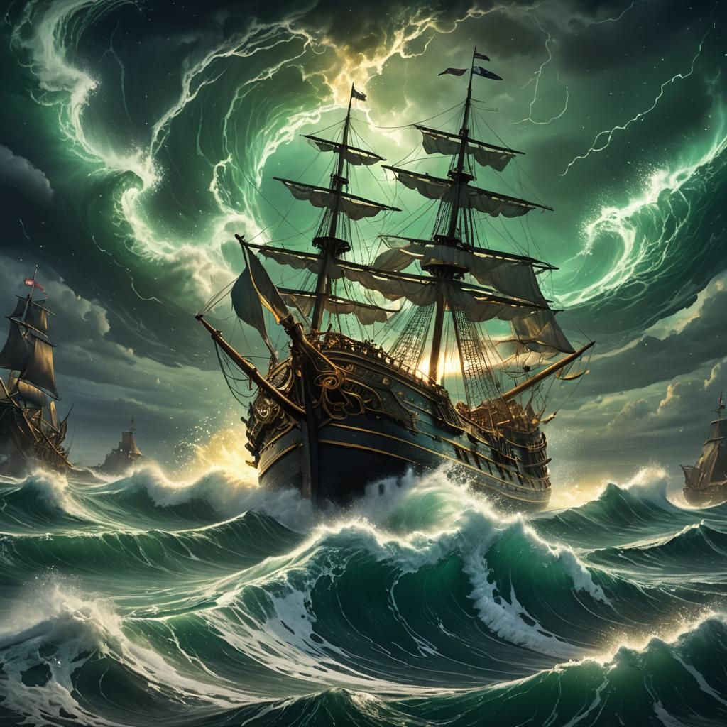Brigantine vs Emerald Wave in Starry Dark Fantasy Style