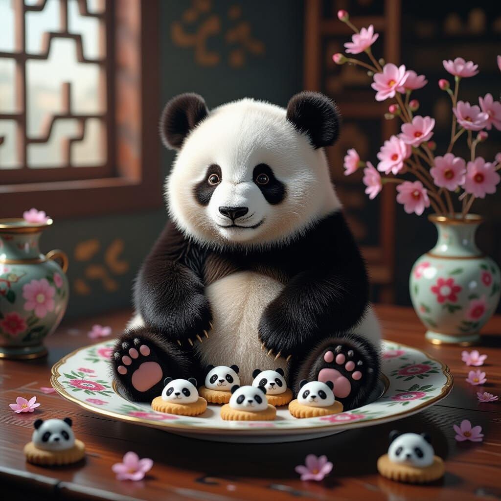 Panda with Cherry Blossoms on Chinese Plate