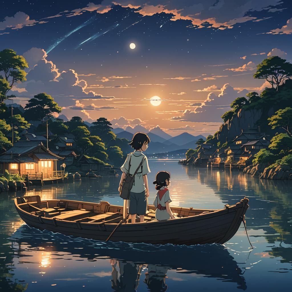Anime-Style Night Scene with Boat and Water