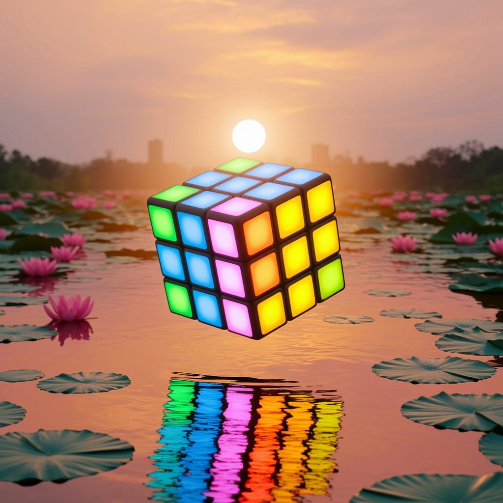 Luminescent Rubik's Cube Sunrise Over River