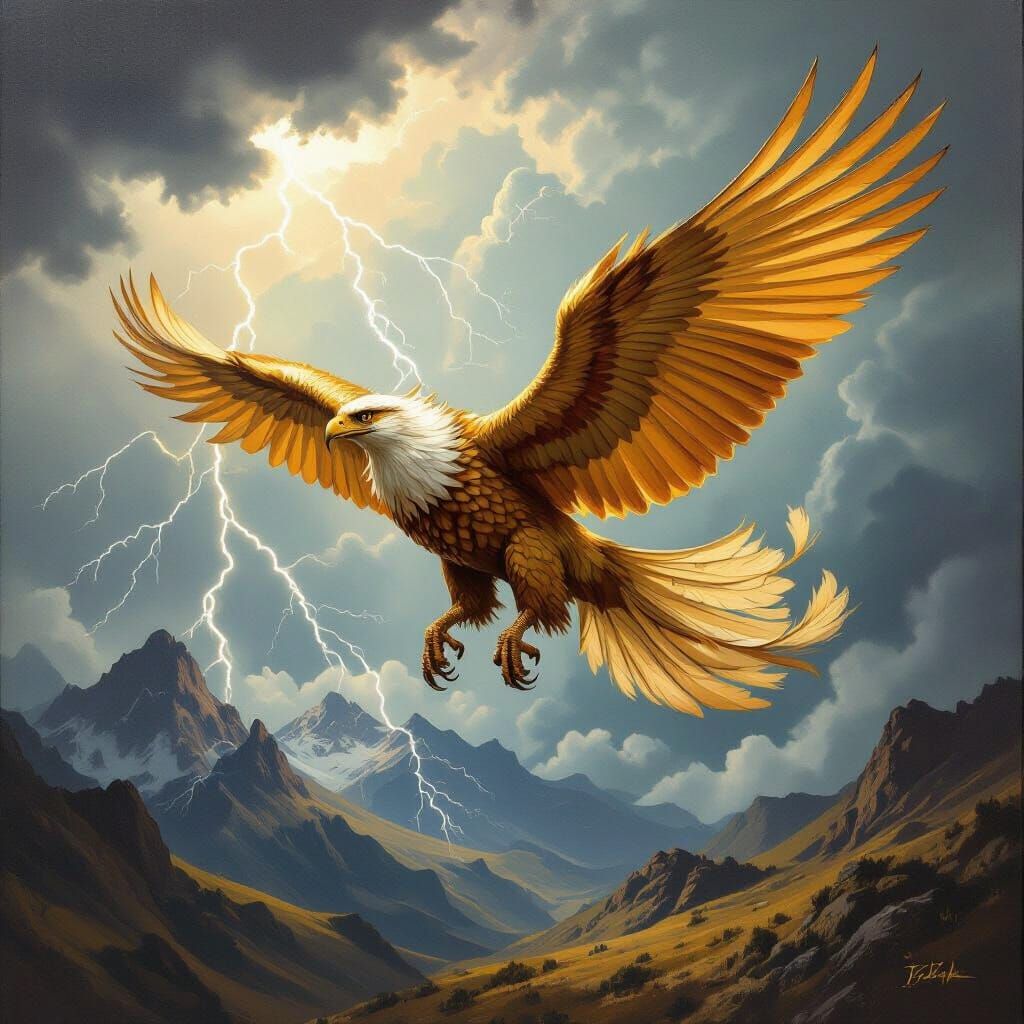 Majestic Griffin Soaring Through Stormy Skies as Oil Paintin...