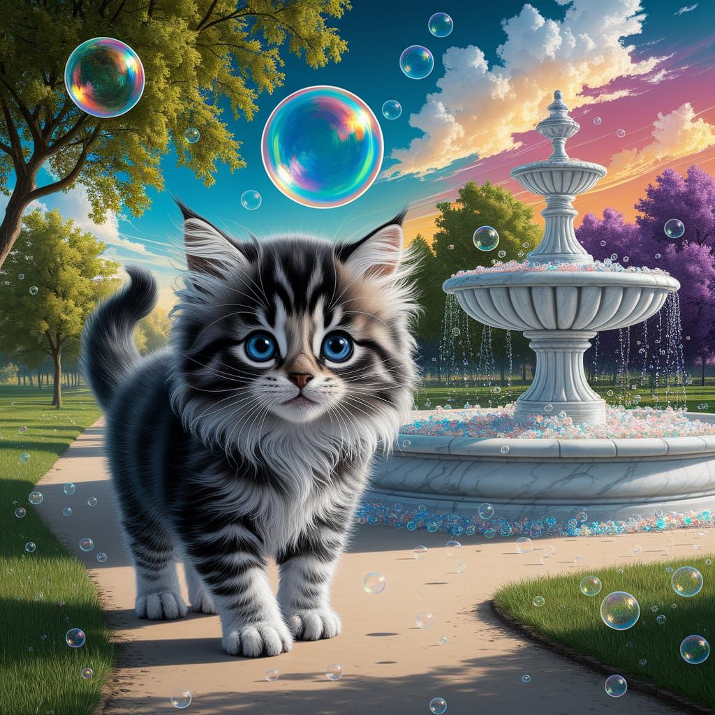 Fluffy Kitten Strolls Through Whimsical Park Scene in Hyper-...