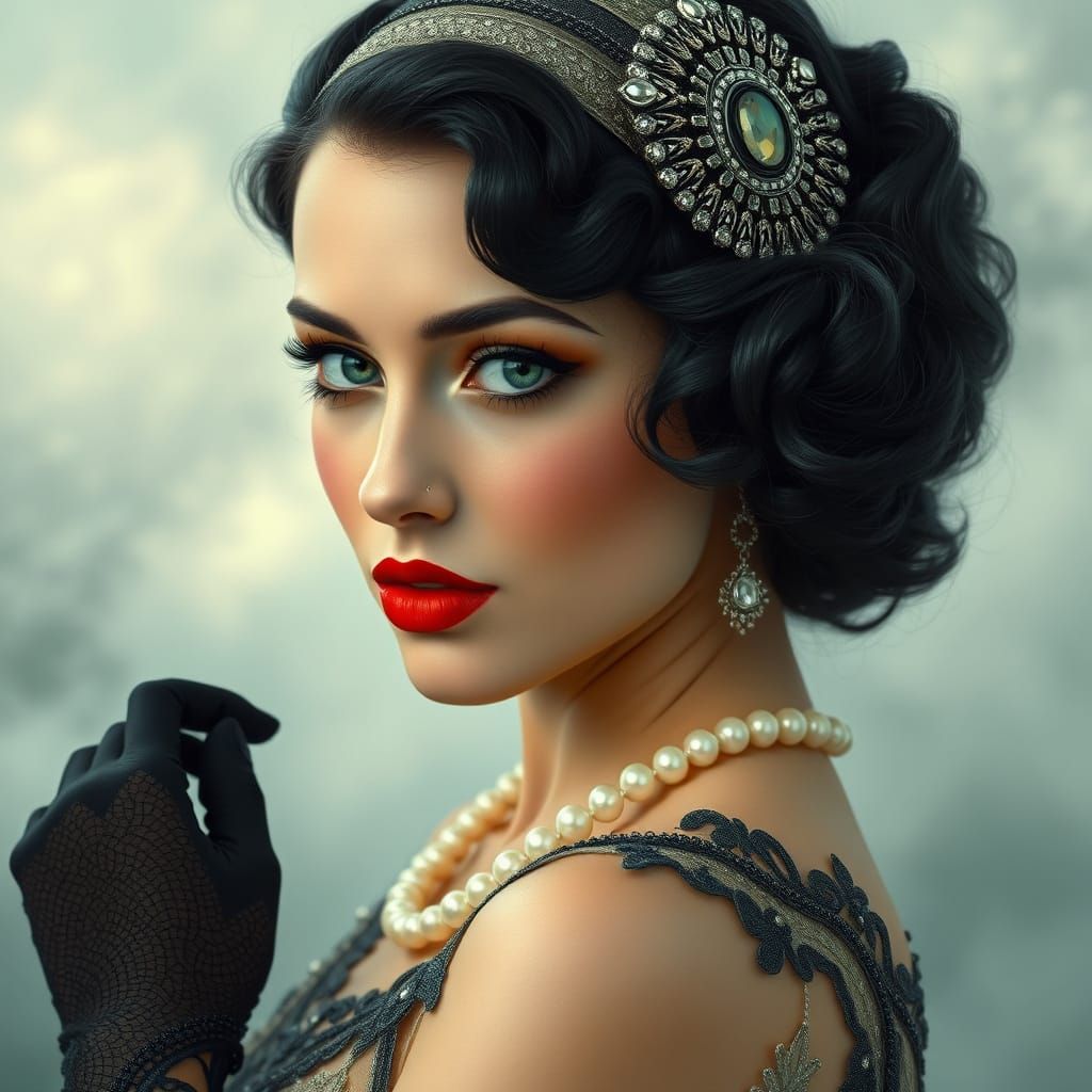 Realistic photo with an Art Deco style, featuring a glamorous woman as the central subject. She has fair skin, striking ...