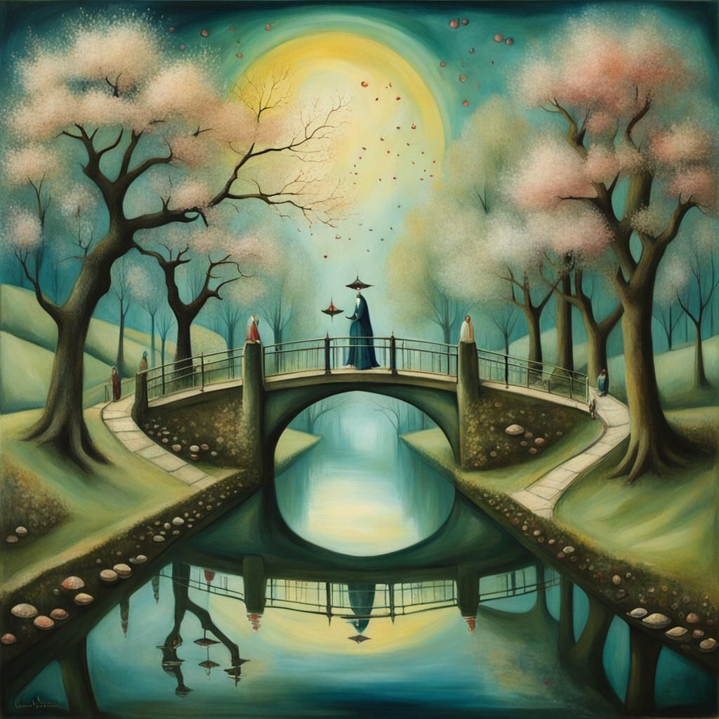 Surreal Cherry Tree Bridge Scene