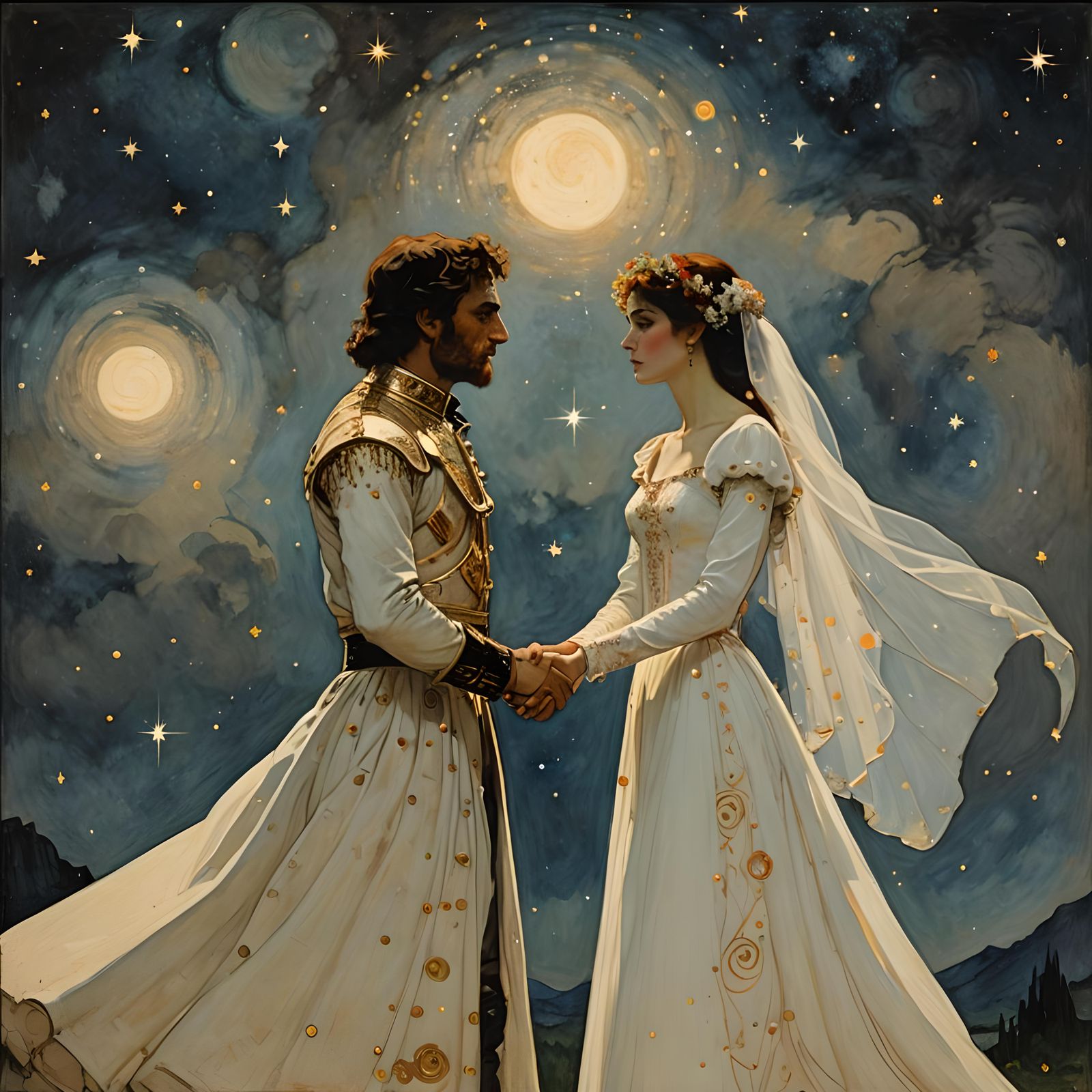 Bride and Groom Under Stars: Golden Age Painting
