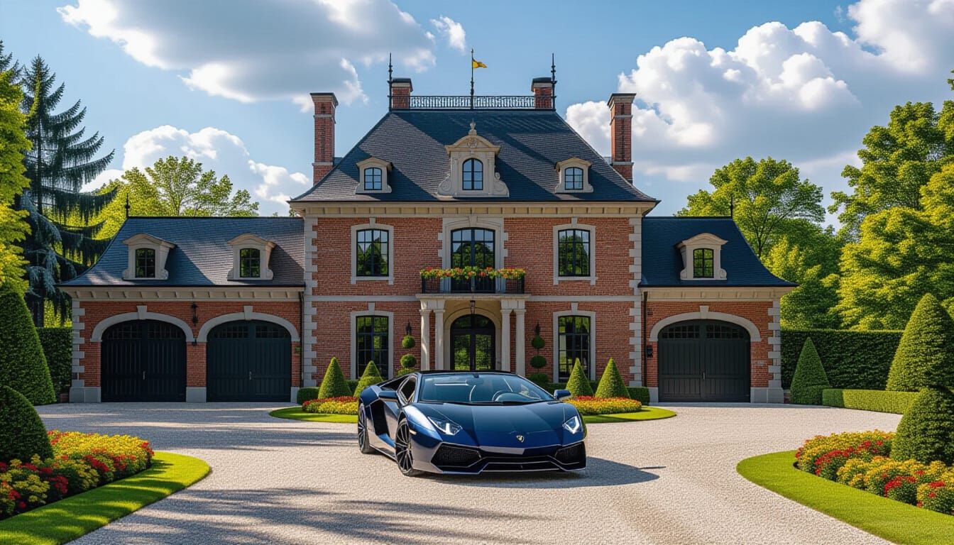 Victorian Chateau with Lamborghini in Summer Garden