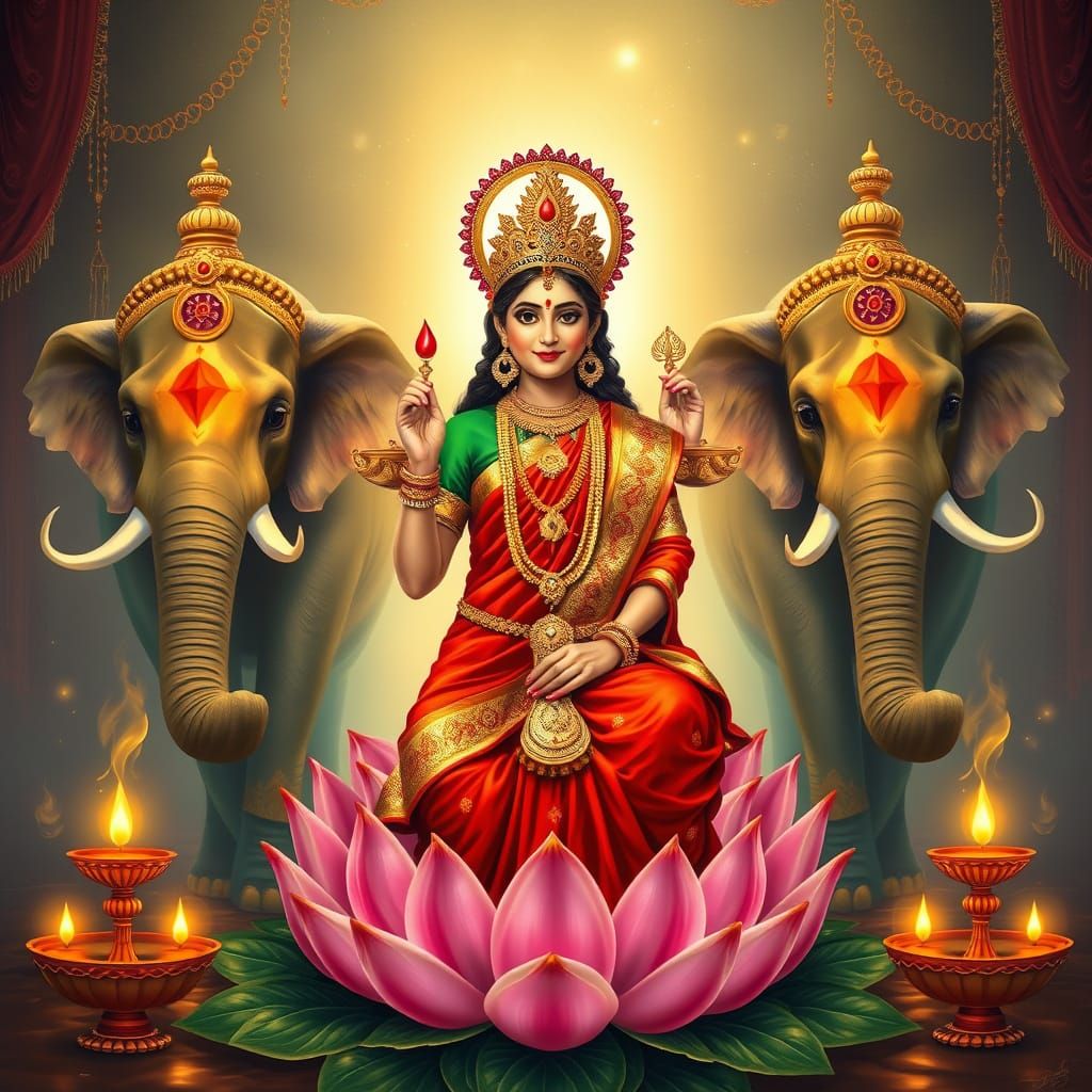 Lakshmi with Diyas: Divine Elegance in Spiritual Art