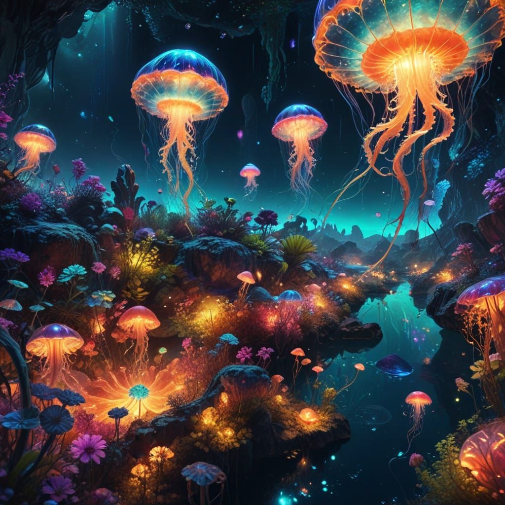Vibrant, Surreal Alien World with Glowing, Jellyfish-Like Cr...