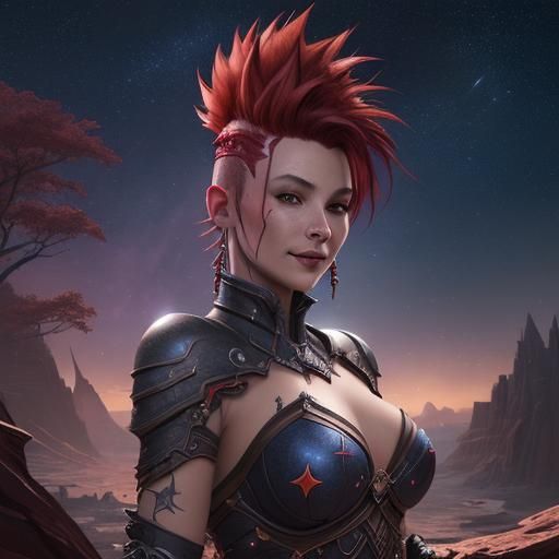 Enchanting Woman with Red Mohawk in Starry Night