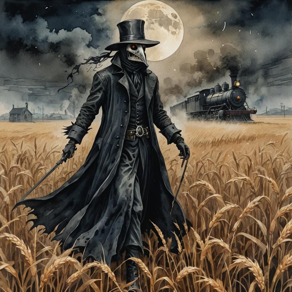 Dark Plague Doctor in Antique Watercolor Style