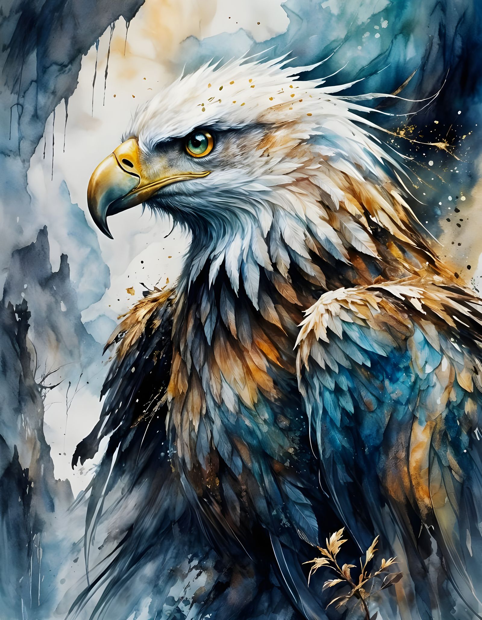 Majestic Eagle with Molten Gold Feathers in Watercolour Styl...