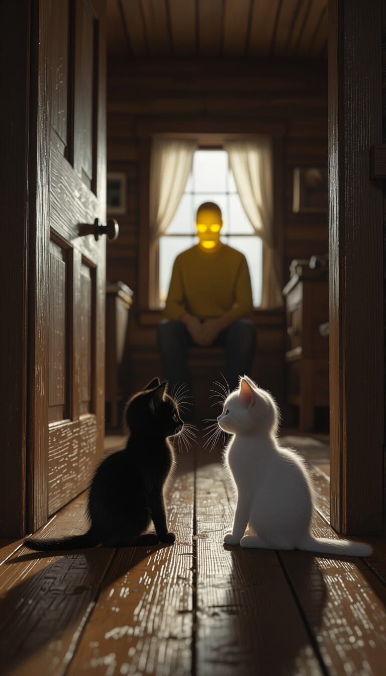 Kittens and Father in Moody Wooden Home