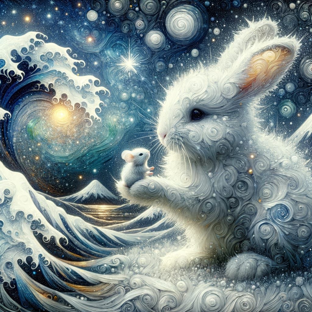 Bunny and Mouse in Snowy Blizzard as Impasto Painting