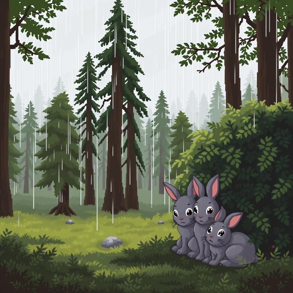 Pixel Art Rabbits in Forest Rain