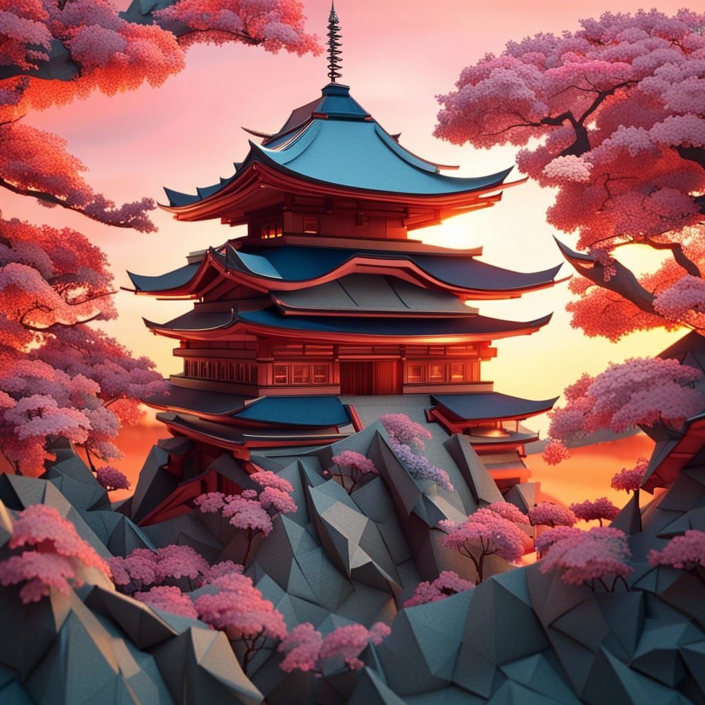 Origami Japanese Temple on Cliff at Sunset