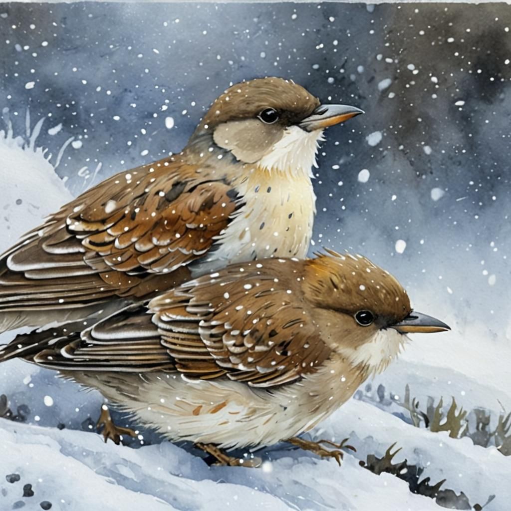 Birds Cuddle in Snowstorm: Whimsical Watercolor Painting