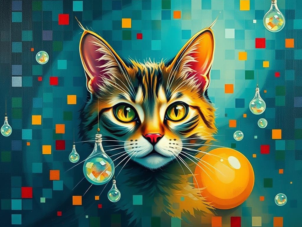Whimsical Cat in a Vibrant Oil Painting with Swirling Fog