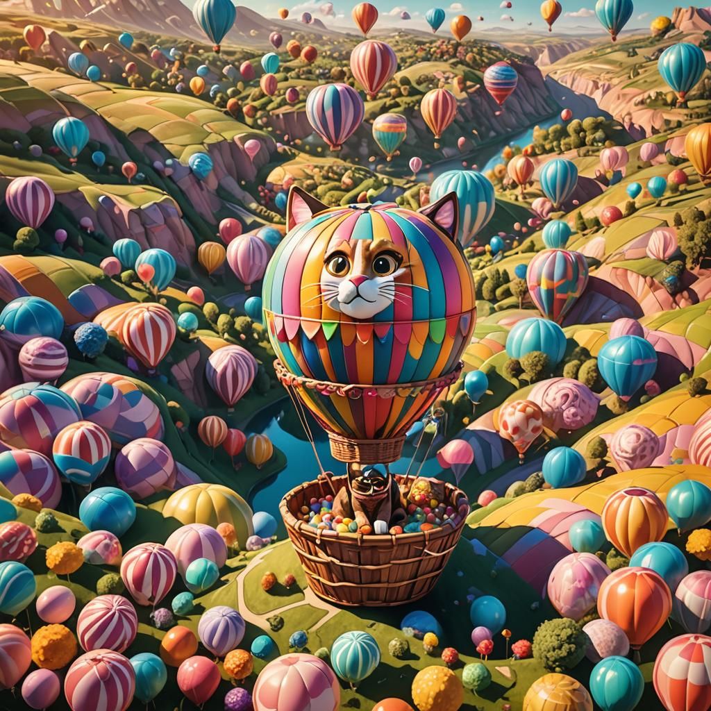 Cat in Candy Hot Air Balloon, Digital Art