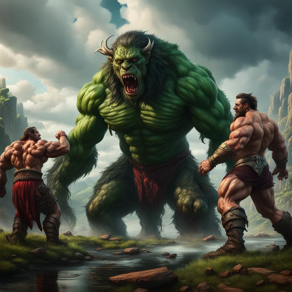 Epic Battle: Bodybuilder vs Giant Beast in Green Lands