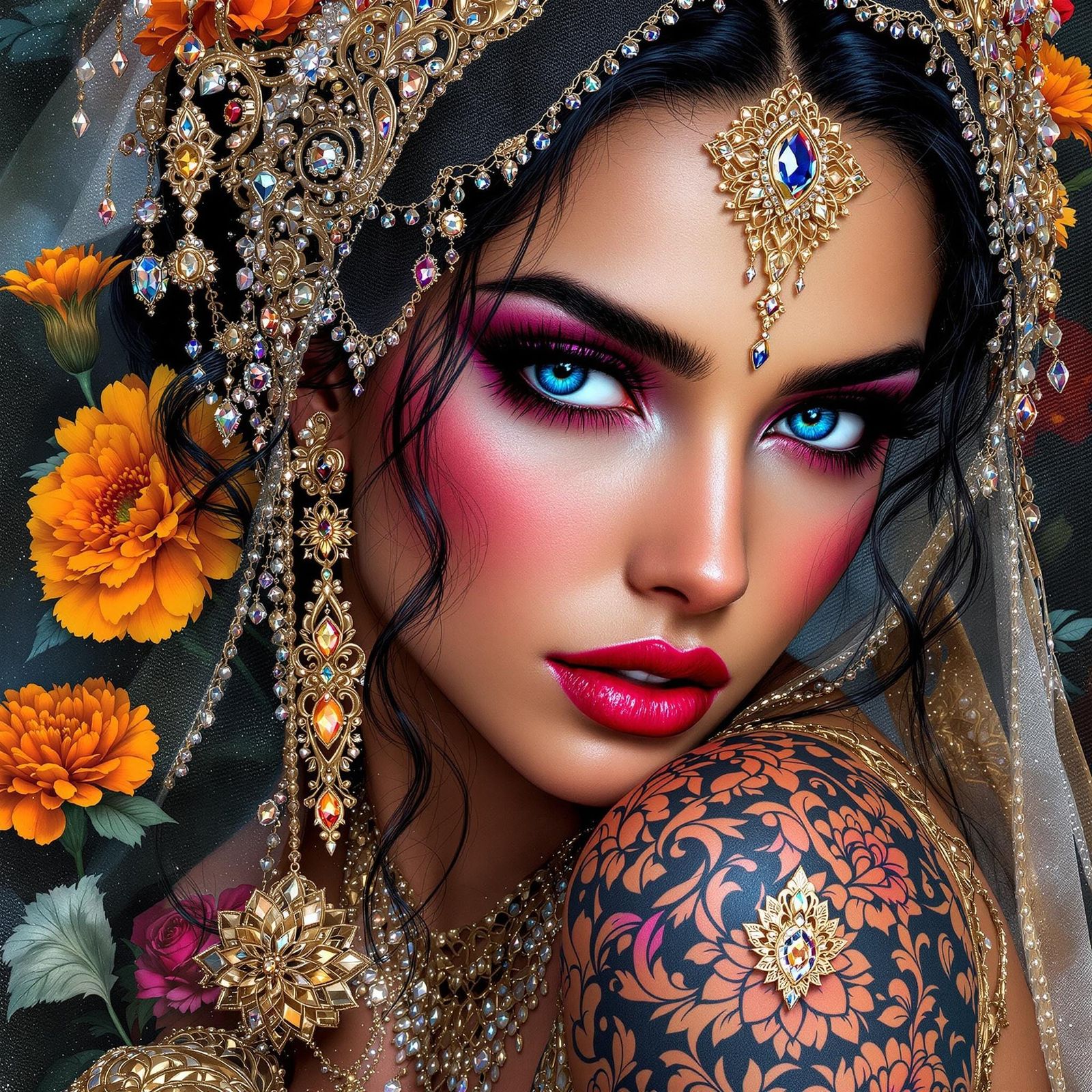 Sultry Goddess in Vibrant Floral Splendor