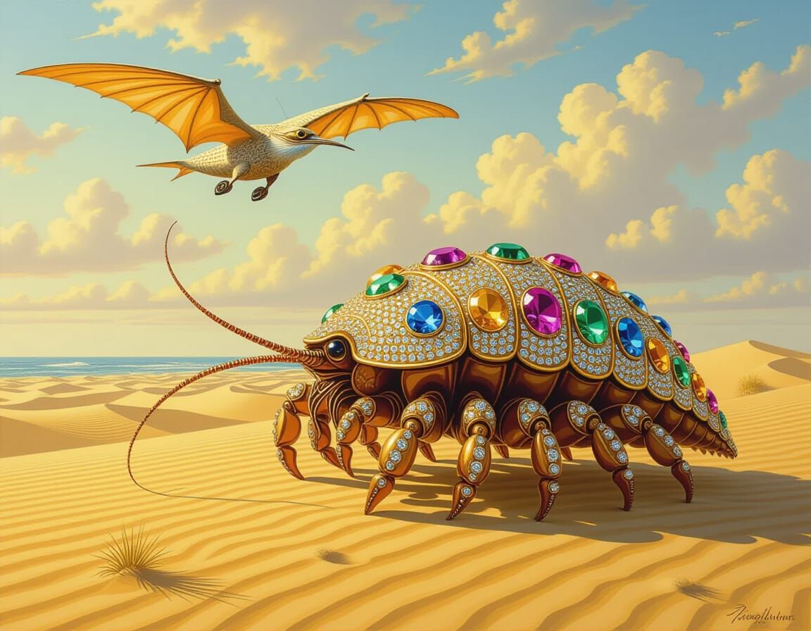 Bejeweled Isopod Trotting Beside Pterocopter, Oil Painting