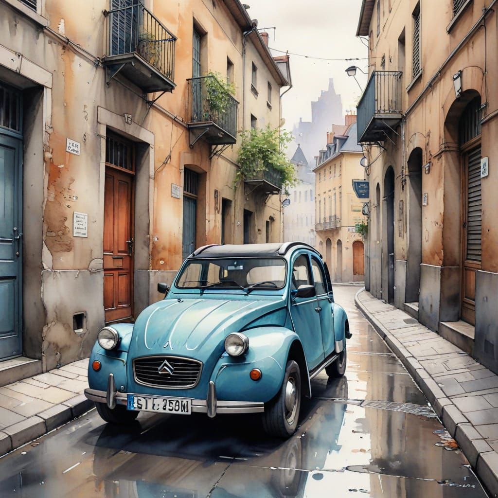 2CV in City Alleyway, Art Deco Style