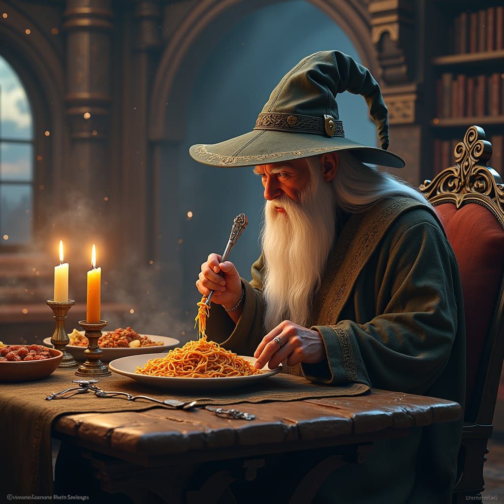 Gandalf's Spaghetti Bolognese Feast: 8k Unreal Engine Art