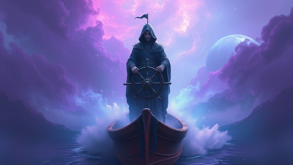 Majestic Ferryman in Dreamlike Landscape