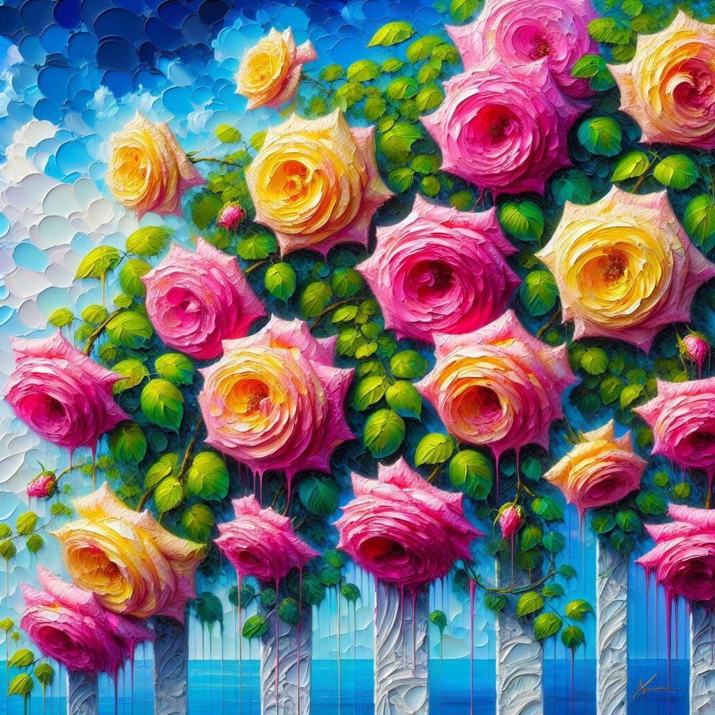Impasto Oil Painting of Pink and Yellow Roses on a White Tre...