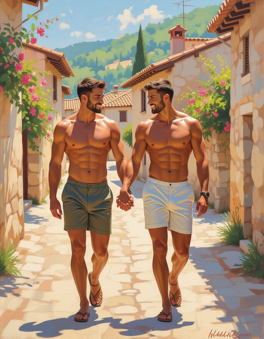 Gay Couple Walking Through Village in Earthy Tones
